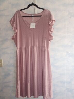 Crown Dusty Pink Eyelet Midi Dress with Ruffle Sleeves